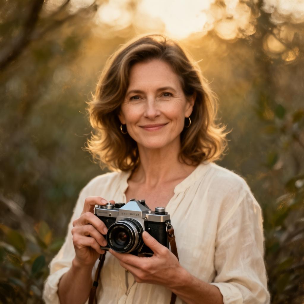 Portrait of Kimberly Wischman holding a vintage camera in warm golden-hour light