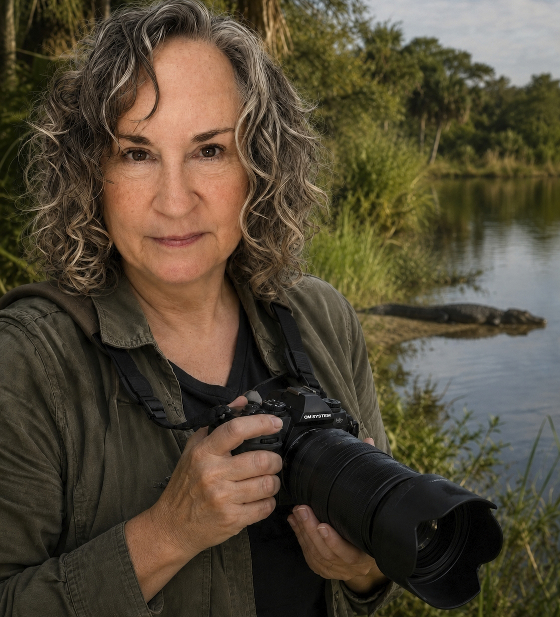 Portrait of Kimberly Wischman holding a vintage camera in warm golden-hour light